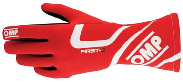 Top view of red OMP First S Race Gloves with elasticated wrist closure for a secure fit.
